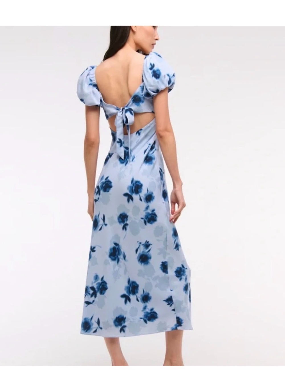 Abercrombie & Fitch Light Blue Floral Tie-Back Puff Sleeve Midi Dress